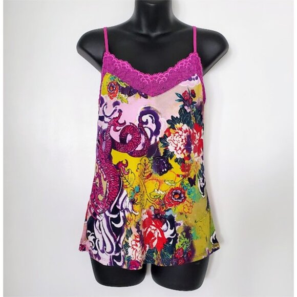 Josie Natori EUC Lace Trim Dragon Floral Silky Cami Tank Top Y2K Feminine Size S - Picture 1 of 8